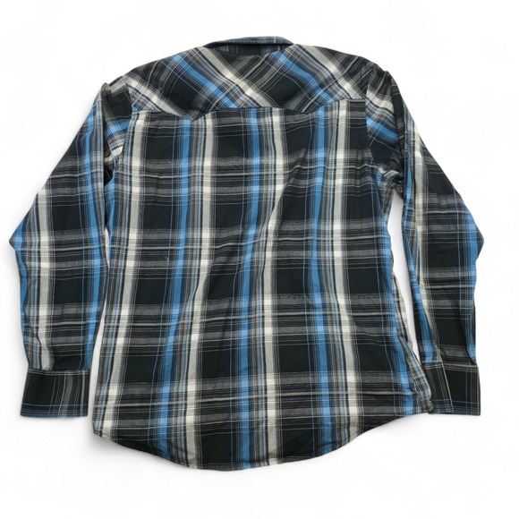 Wrangler Men's Large Blue Black Plaid Western Pearl Snap Shirt Long Sleeve Retro - Picture 5 of 8